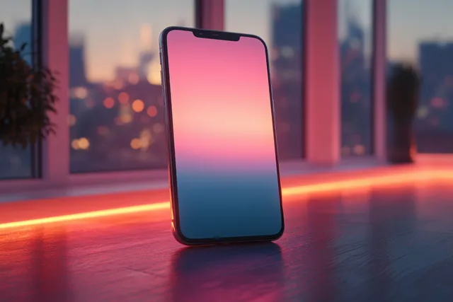 Smartphone with Blank Gradient Screen on Neon Lit Desk