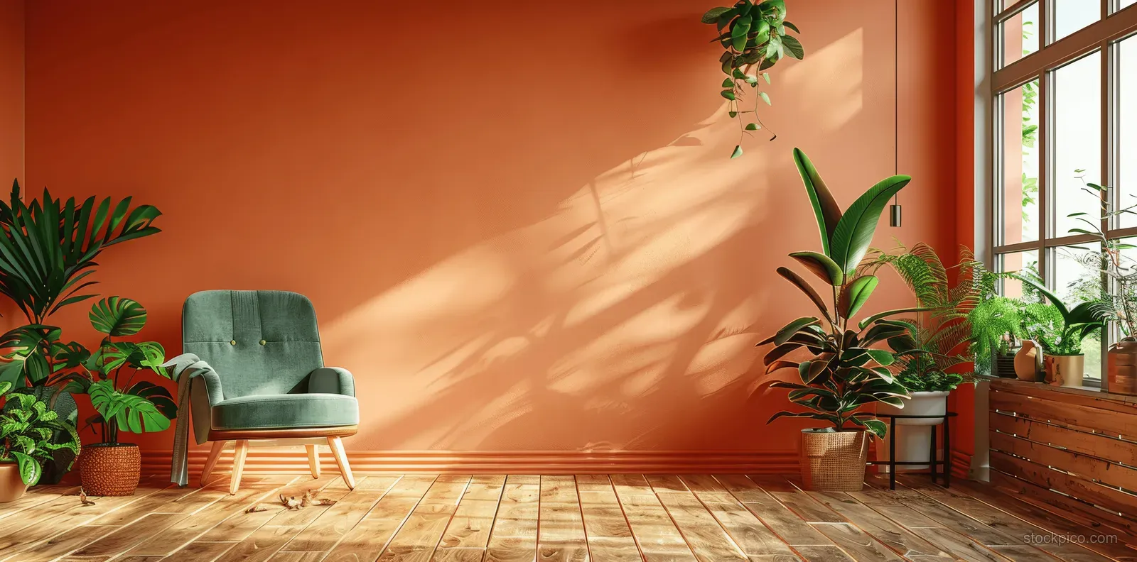 Green armchair sits against a peach wall in a sunlit Scandinavian room with potted plants and wooden floor.