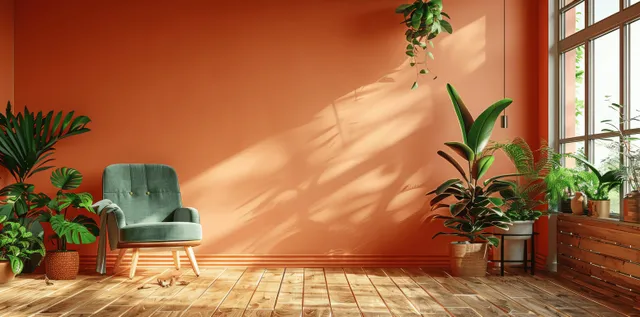 Green armchair sits against a peach wall in a sunlit Scandinavian room with potted plants and wooden floor.
