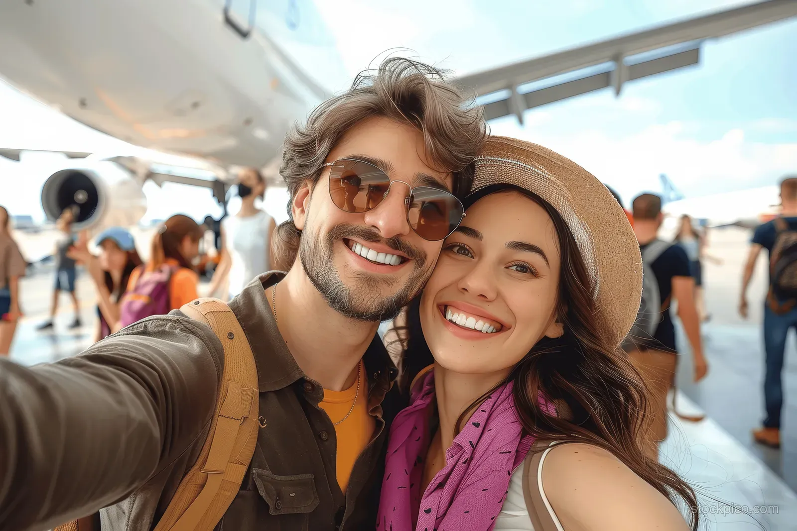 Smiling couple taking a selfie beside a plane at the airport.
