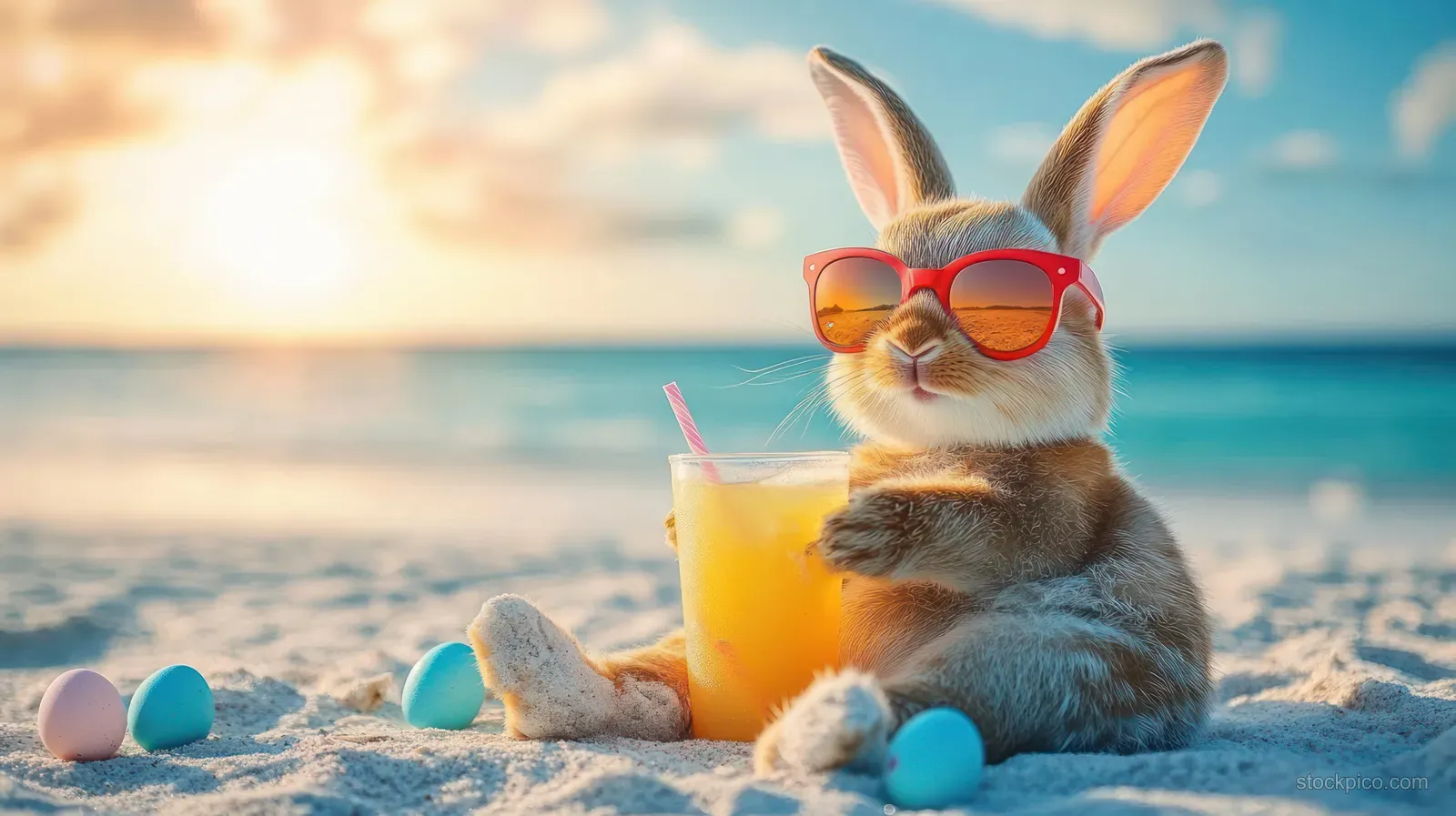 A bunny with red sunglasses lounges on a sandy beach sipping orange juice near colorful Easter eggs.