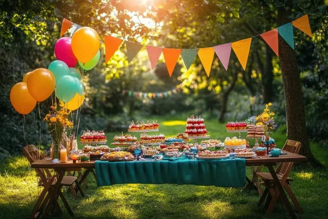 Sunlit garden party table displaying stacked cakes and pastries beneath bunting flags and colorful balloons.