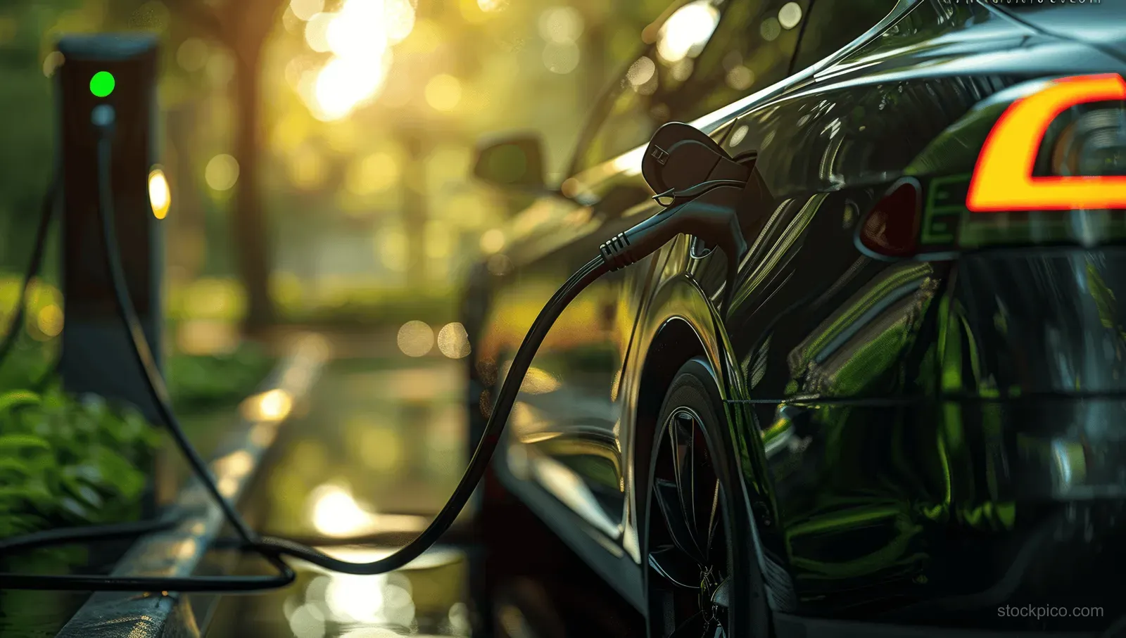 Electric car plugged into a charging station with the cable connected outside in a green park.