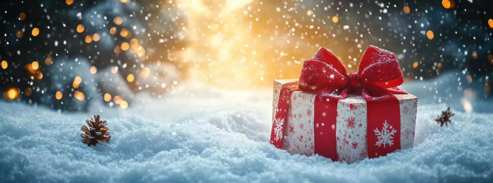 A glowing red Christmas gift box on snow with falling snowflakes and warm golden light behind it.