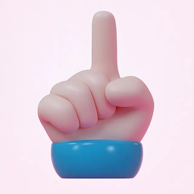3D stylized hand sign with middle finger raised on soft pink background