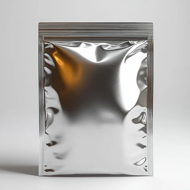 Shiny silver zip-lock pouch standing on a plain light background.
