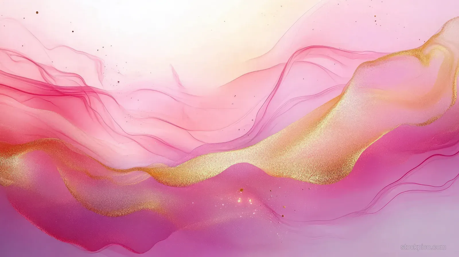 Elegant abstract watercolor background with flowing pink tones and subtle gold shimmer, creating a soft and gentle light effect.