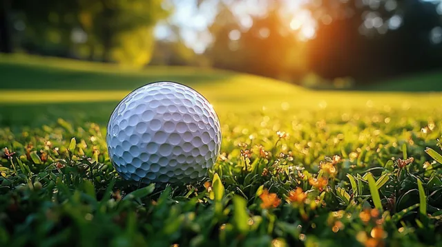 A golf ball sits on green grass with warm sunset light and blurred background on a course.