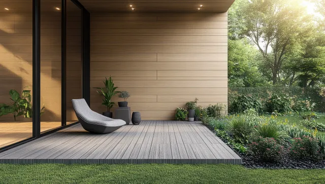 Gray lounge chair rests on a striped patio floor beside a light wood wall while a green garden fills the background.