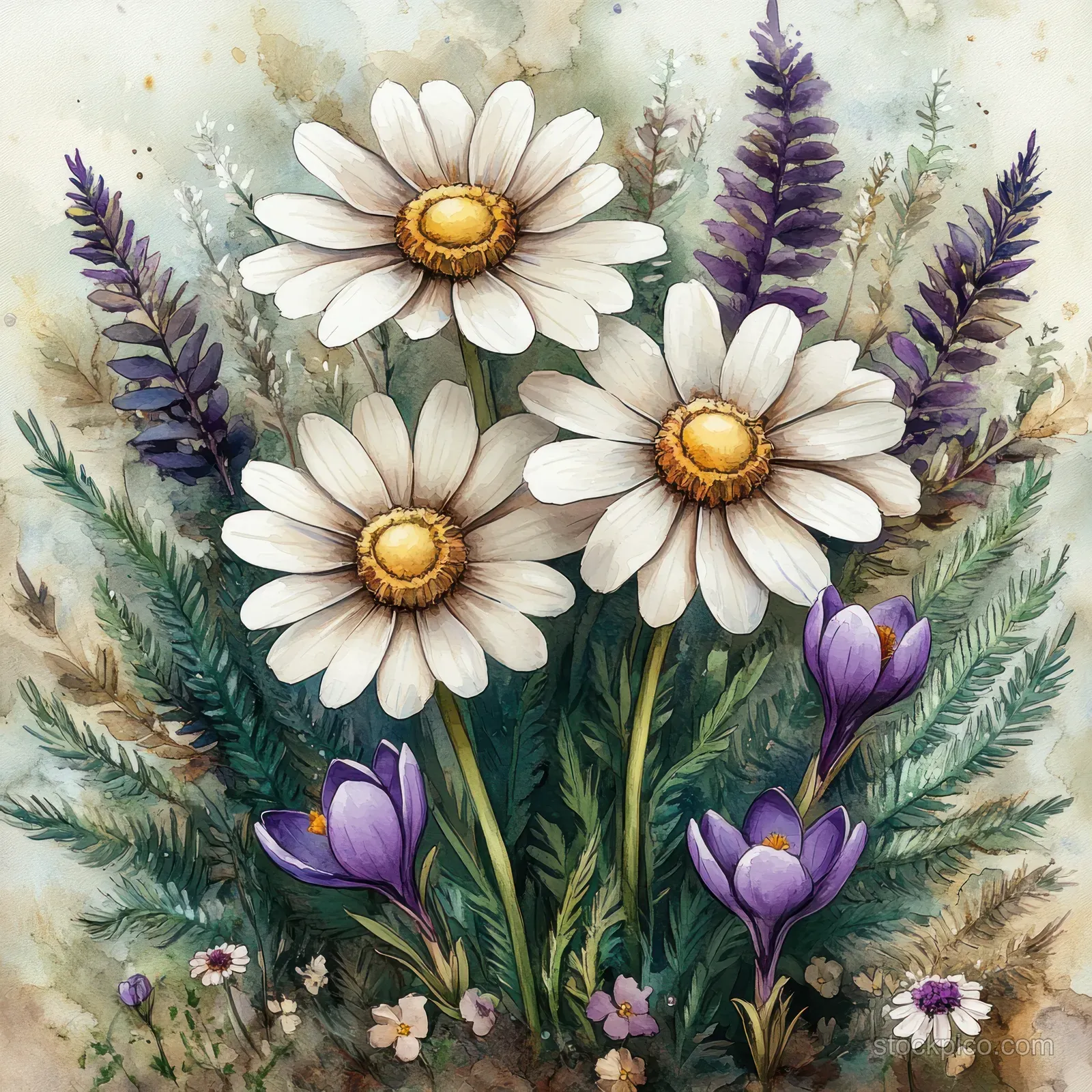 Watercolor flowers with white daisies, purple crocuses, and fern leaves layered on a soft spring meadow background.