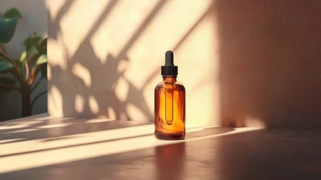 Amber glass dropper bottle stands on a white surface with warm sunlight and long shadow patterns from a window.