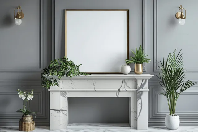 Empty framed artwork above marble fireplace in grey minimalist room