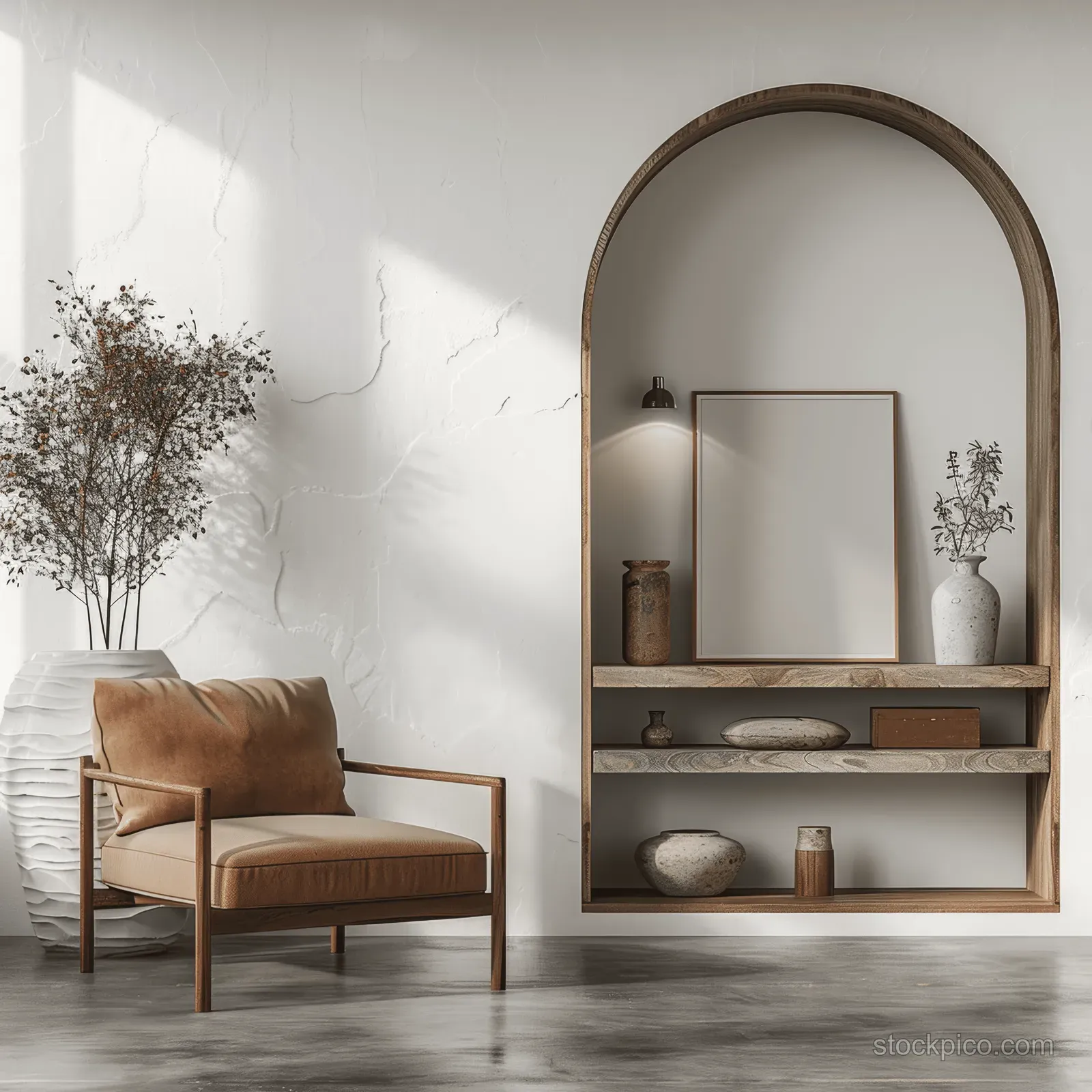 Brown armchair in a minimalist living room beside wooden shelves and an arched mirror against white walls.
