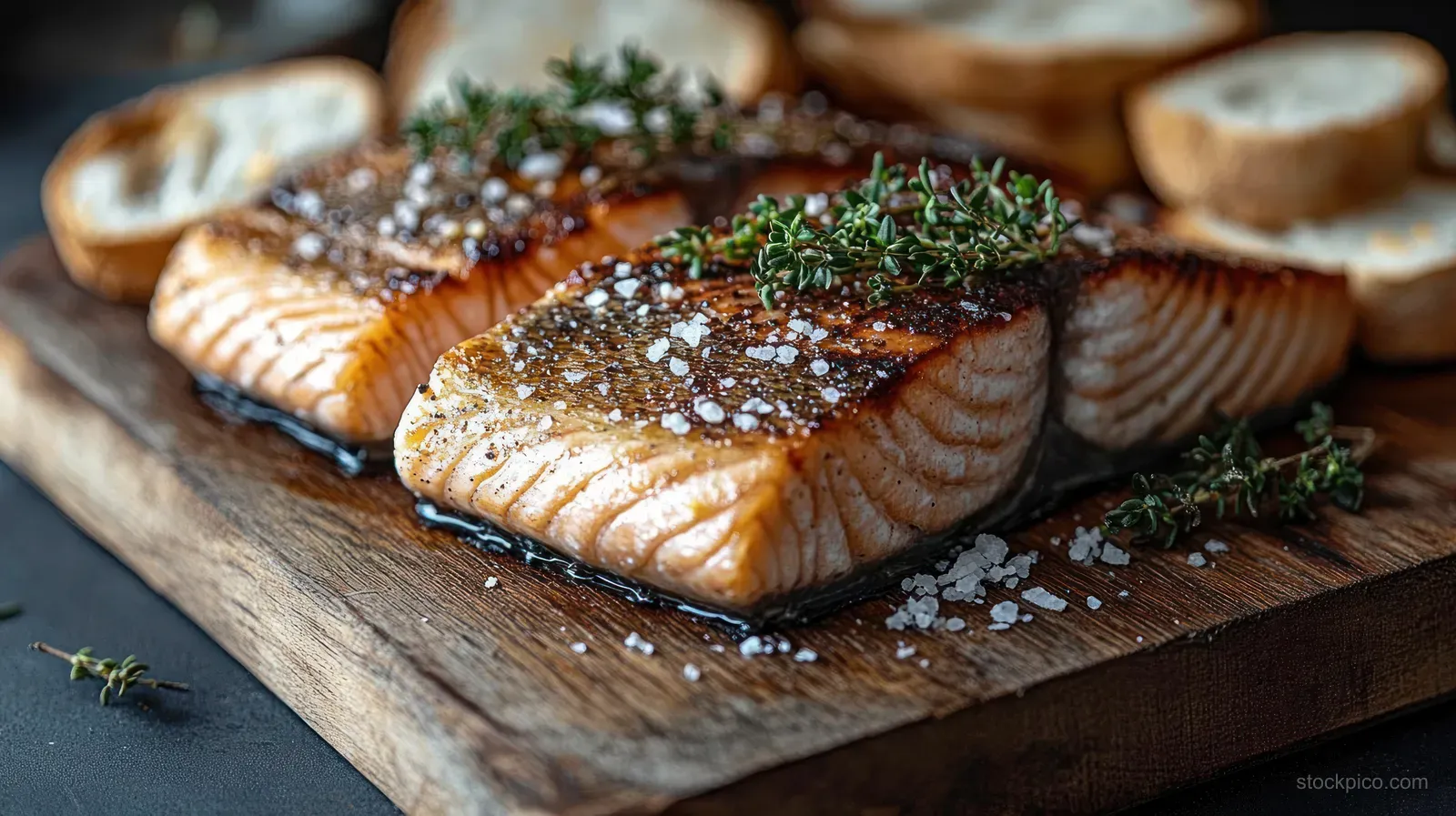 Two cooked salmon fillets on a wooden board, sprinkled with coarse salt and herbs, with sliced baguette blurred behind.