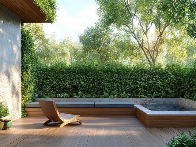 A wooden lounge chair and stone benches on a sunlit patio with dense green hedges and trees in the background.