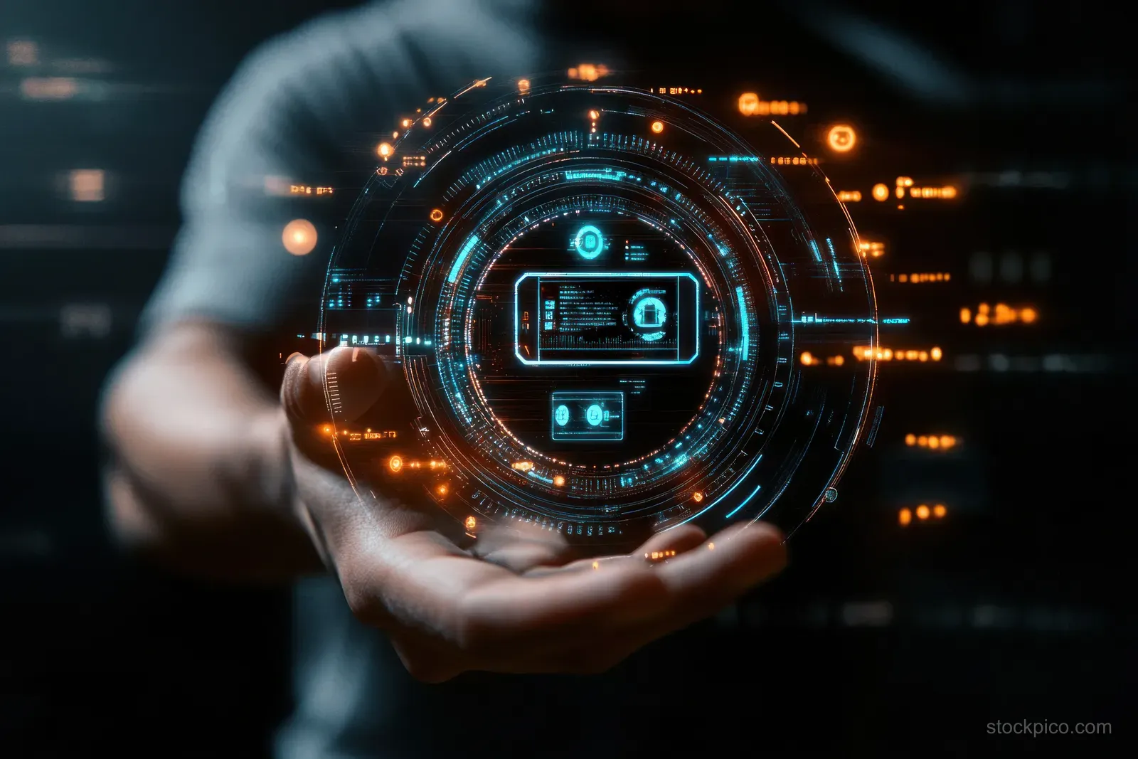 A hand holds a transparent circular holographic interface with glowing security and data icons.