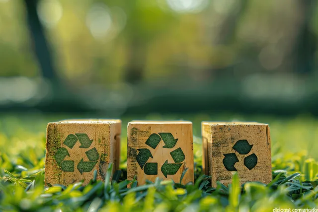 Wooden recycling cubes with green arrow icons on grass field under soft sunlight