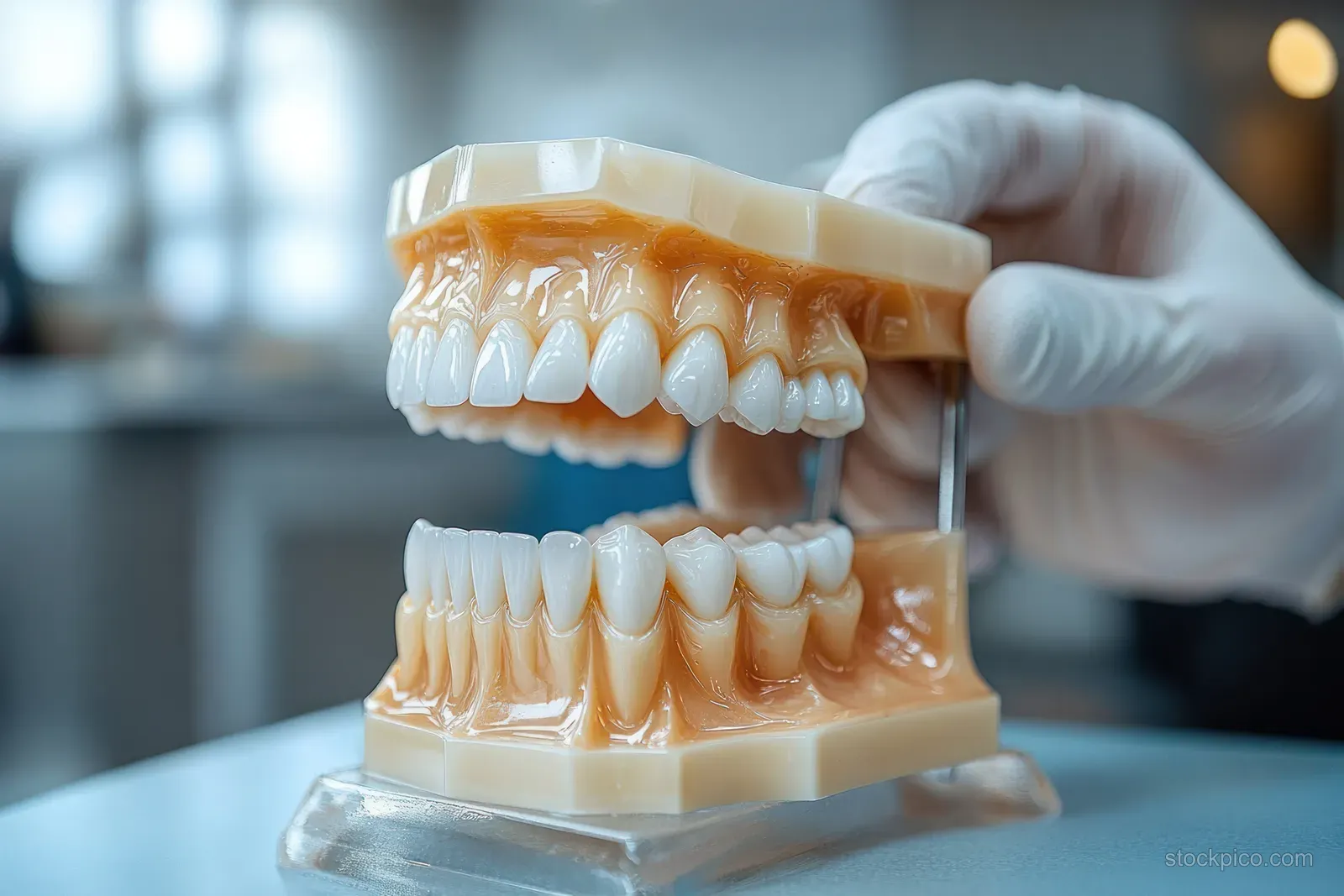 Gloved hand holds a dental mouth model showing upper and lower teeth with visible gums in a clinical room.