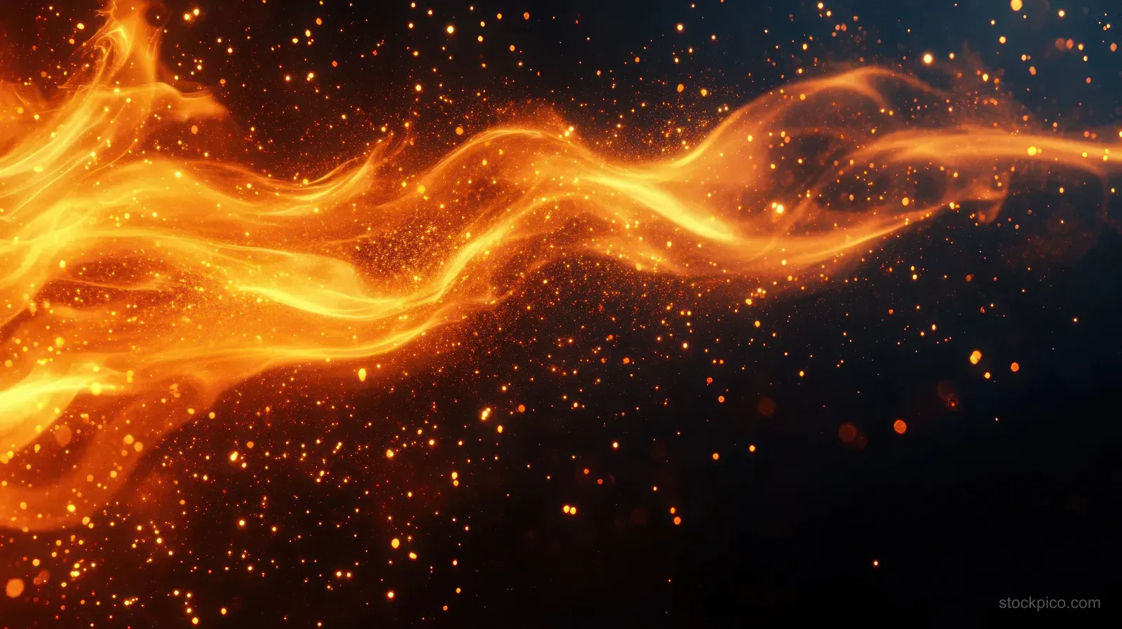 Swirling orange flames with glowing sparks create a bright flame trail across a dark background.