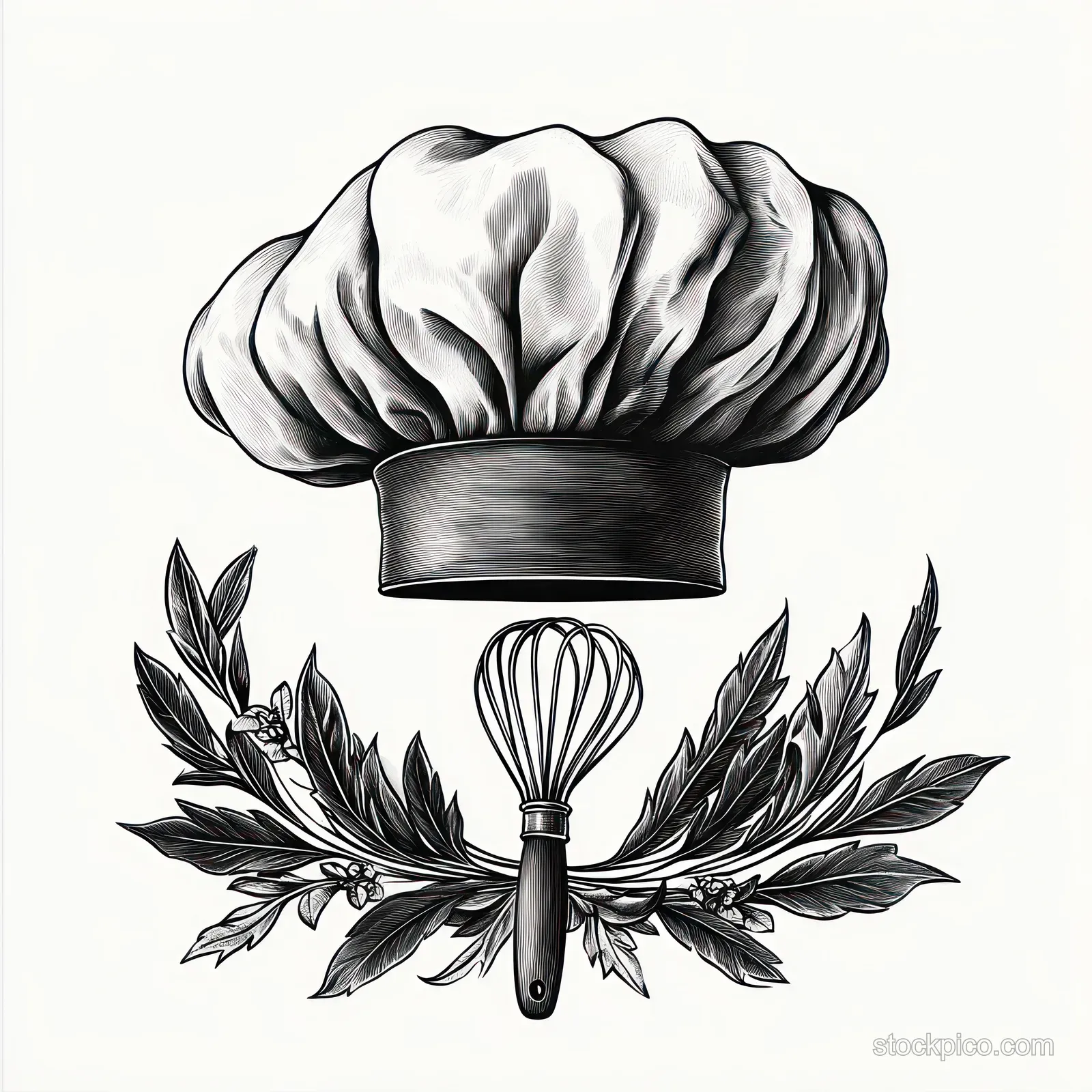 Black and white chef hat above a kitchen whisk, surrounded by laurel leaves and small floral accents.