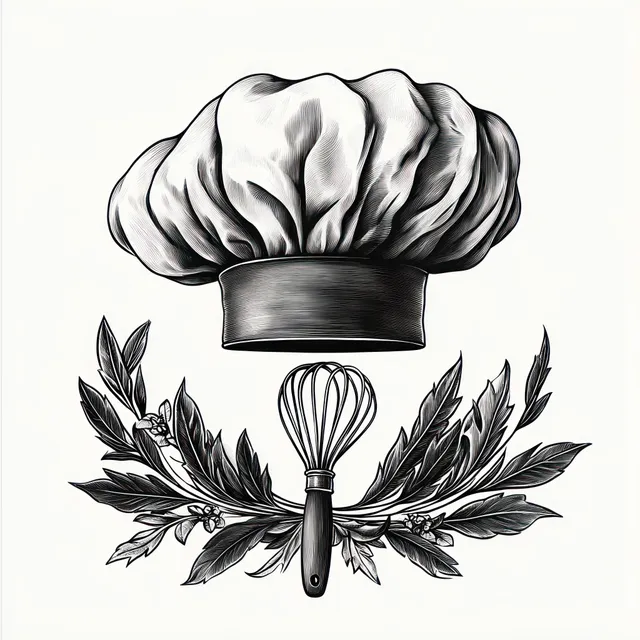 Black and white chef hat above a kitchen whisk, surrounded by laurel leaves and small floral accents.
