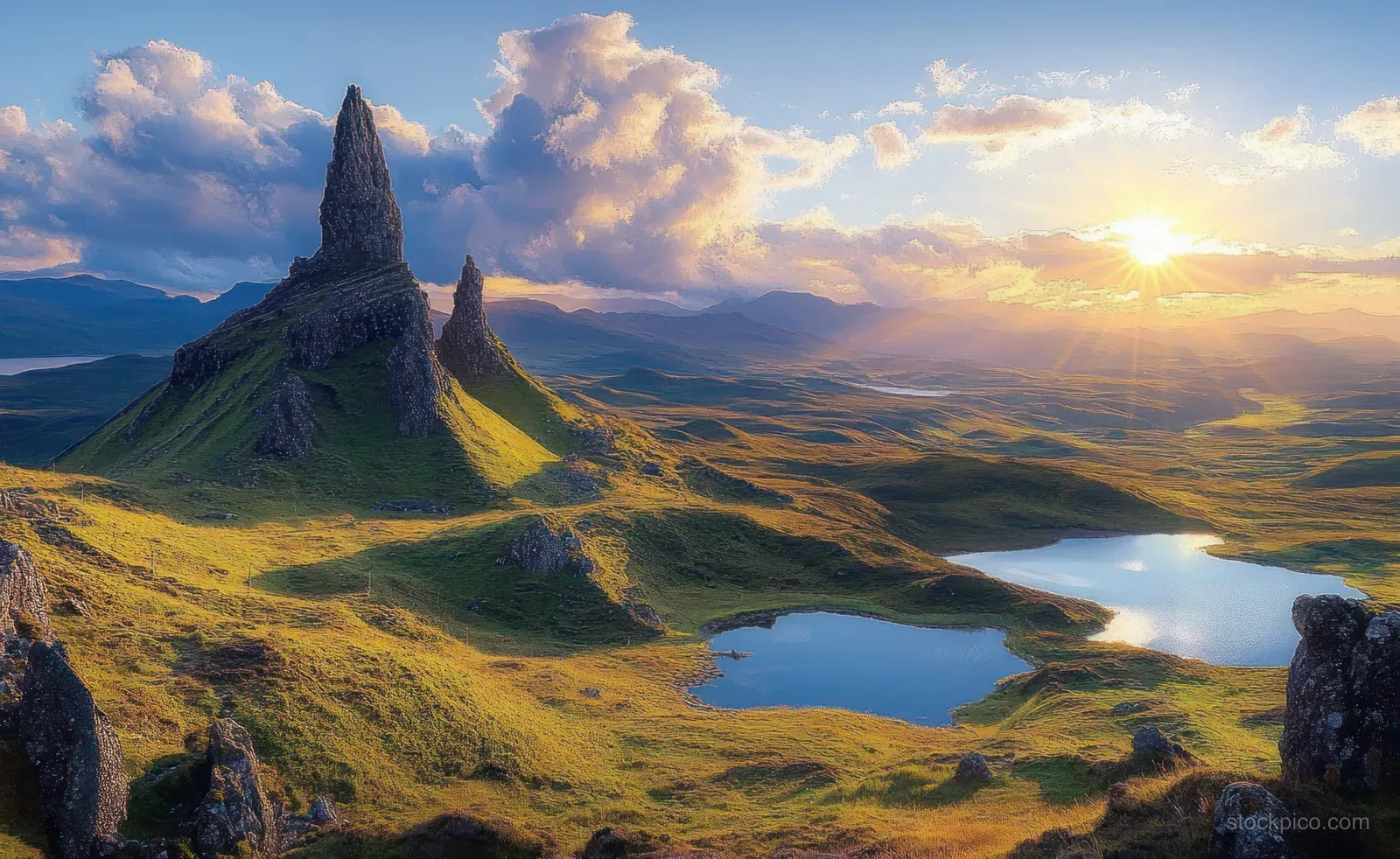 Sunset shines over rocky spires and green hills with small lakes reflecting the sky.