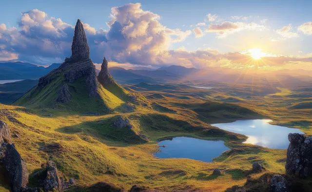 Sunset over jagged rocky spires and rolling green hills with reflective lakes
