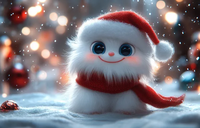 A fluffy white monster wearing a red Santa hat waves while snowflakes fall and lights blur behind it.