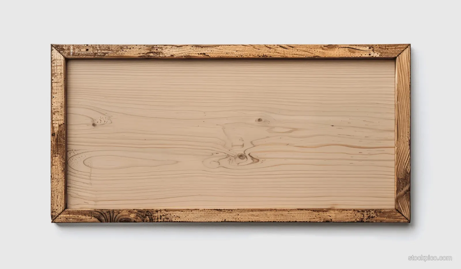 Horizontal oak picture frame mockup with a blank wooden insert on a white background.