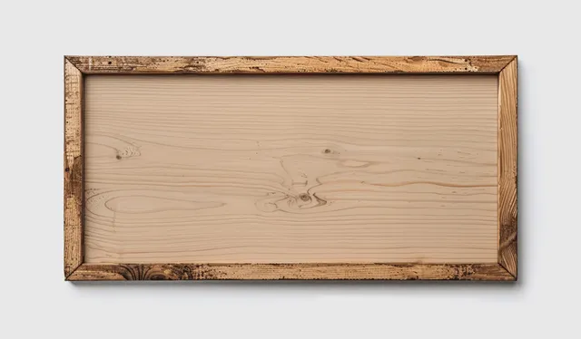 Horizontal oak picture frame mockup with a blank wooden insert on a white background.