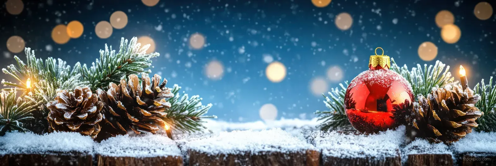 Red Christmas ornament and pine cones on a snowy wooden tabletop with glowing lights in a blue bokeh background.