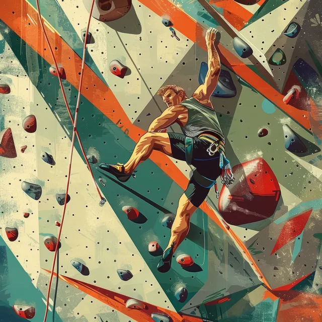 Bouldering climber in graphic novel style, launching across vibrant wall holds