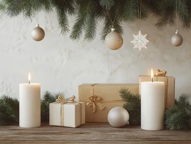 Lit candles and wrapped gifts sit on a mantel while pine branches and hanging ornaments frame the winter background.