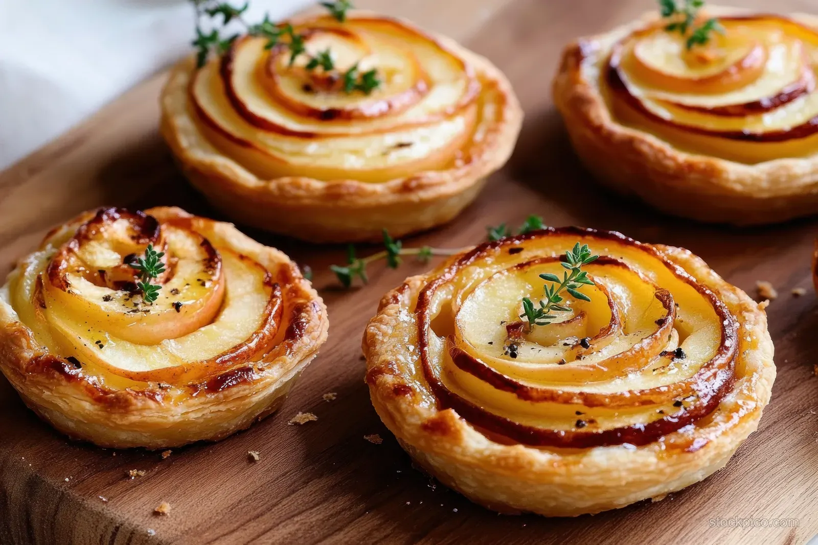 Mini puff pastry tarts with nectarine and Camembert topped with honey and thyme on a wooden board.