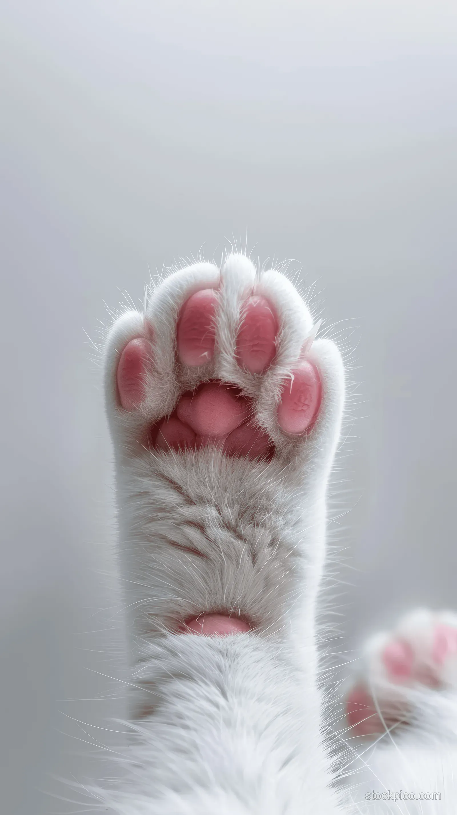 White cat paw close-up with pink pads and soft toes against a light blurred background.