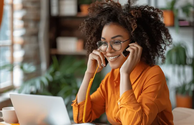 Smiling African American woman in glasses on phone while jotting notes at desk