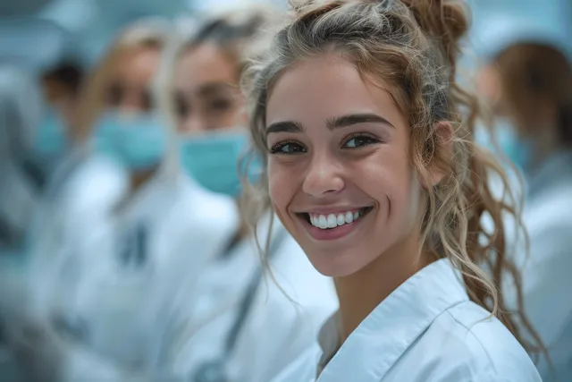 Smiling female dentist in blue scrubs stands in a clinic as coworkers review dental training equipment in the background.