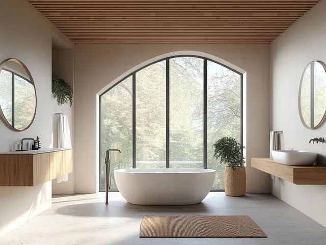 Minimalist bathroom with a freestanding bathtub, circular mirrors, and a large arched window showing trees.