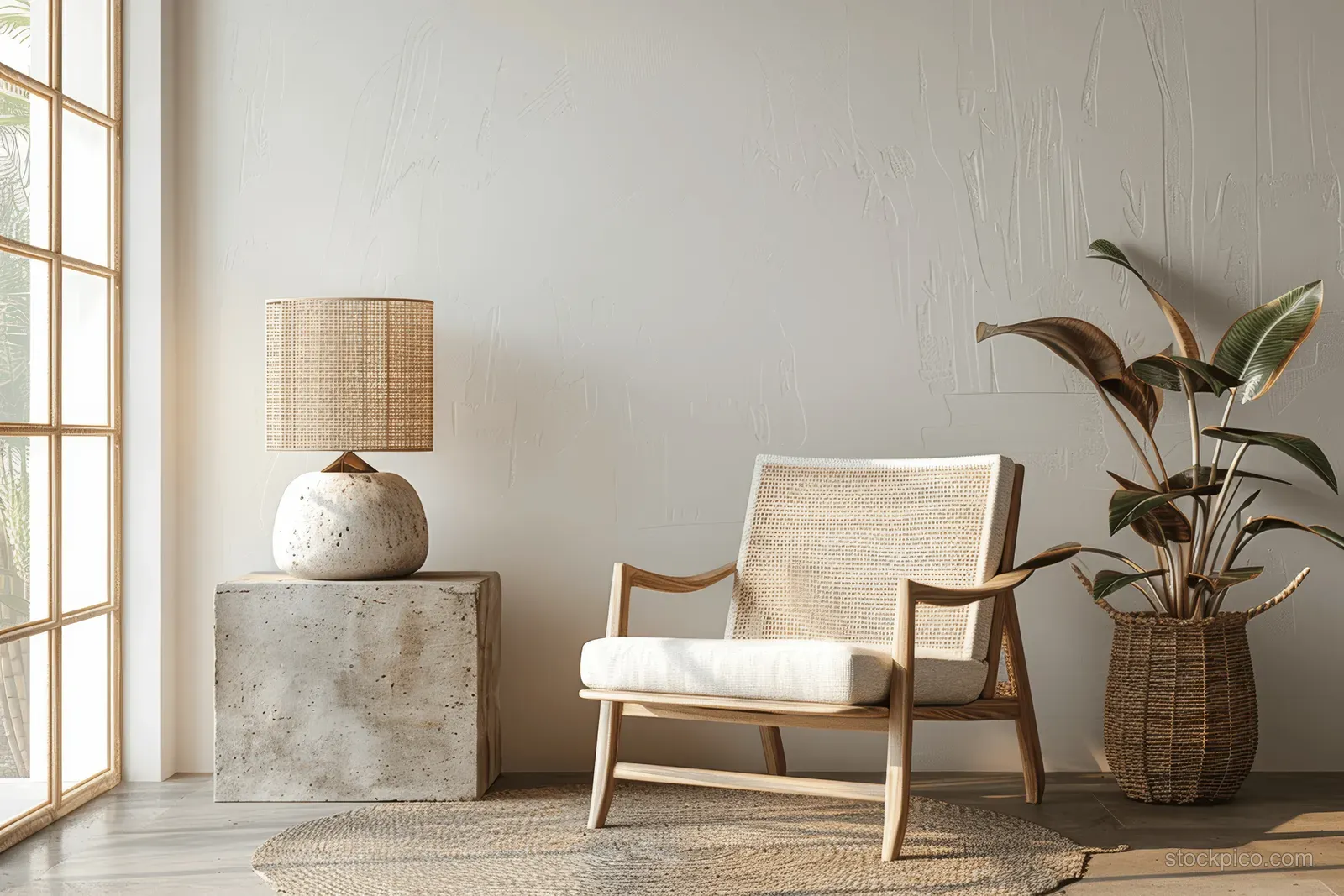 Minimal Scandinavian living room corner with a wooden armchair, white concrete lamp, and potted plant.