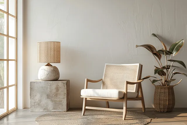 Minimal Scandinavian living room corner with a wooden armchair, white concrete lamp, and potted plant.
