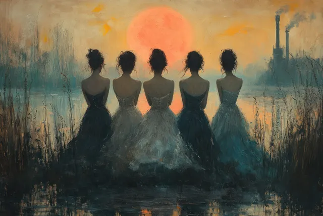 Four women in dark dresses walk along a misty waterfront, gazing toward water with hazy buildings behind them.