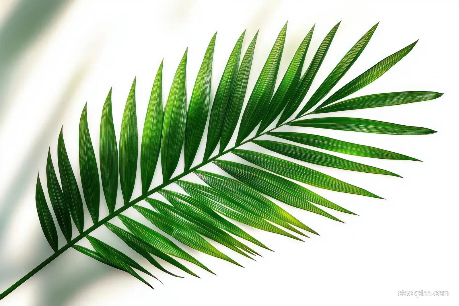 Bright green palm leaf with elongated leaflets and leaf-vein detail casting a soft shadow on a white background.
