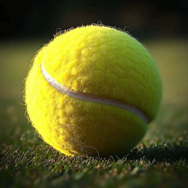 Yellow tennis ball resting on grass with dramatic side lighting and visible fuzzy texture.