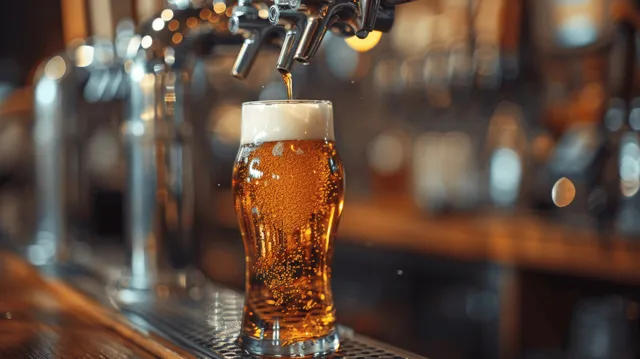 Beer pouring from tap into frothy pint glass at pub bar, close-up motion splash