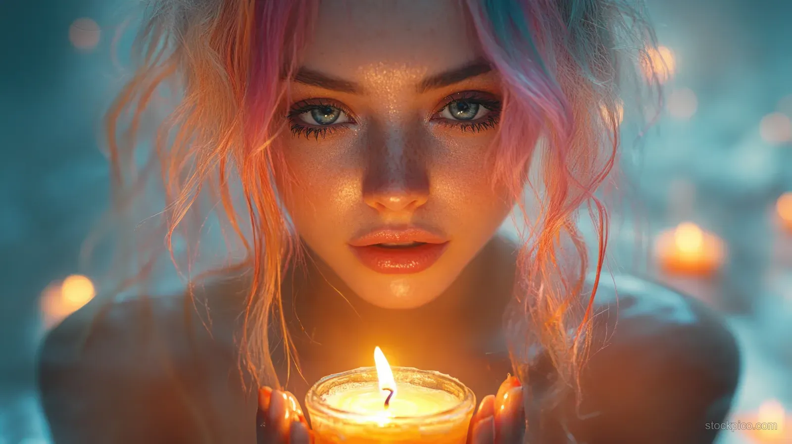 Woman with multicolored hair looks at a lit birthday candle on a cake indoors with warm ambient light.