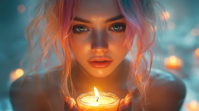 Woman with multicolored hair looks at a lit birthday candle on a cake indoors with warm ambient light.