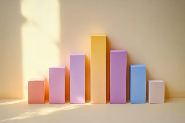 Pastel block arrangement rising and falling in sunlight, casting soft shadows on yellow backdrop