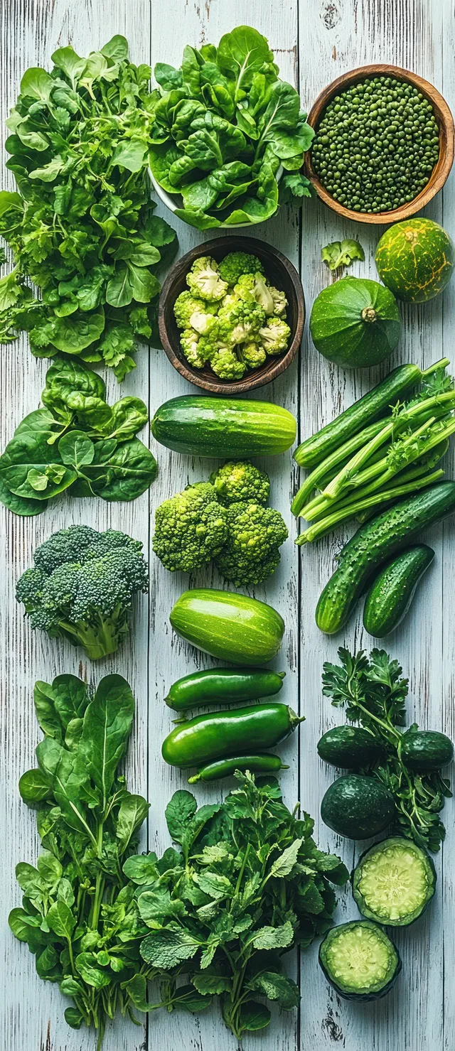 Assorted green vegetables and herbs arranged on rustic table, fresh harvest detail