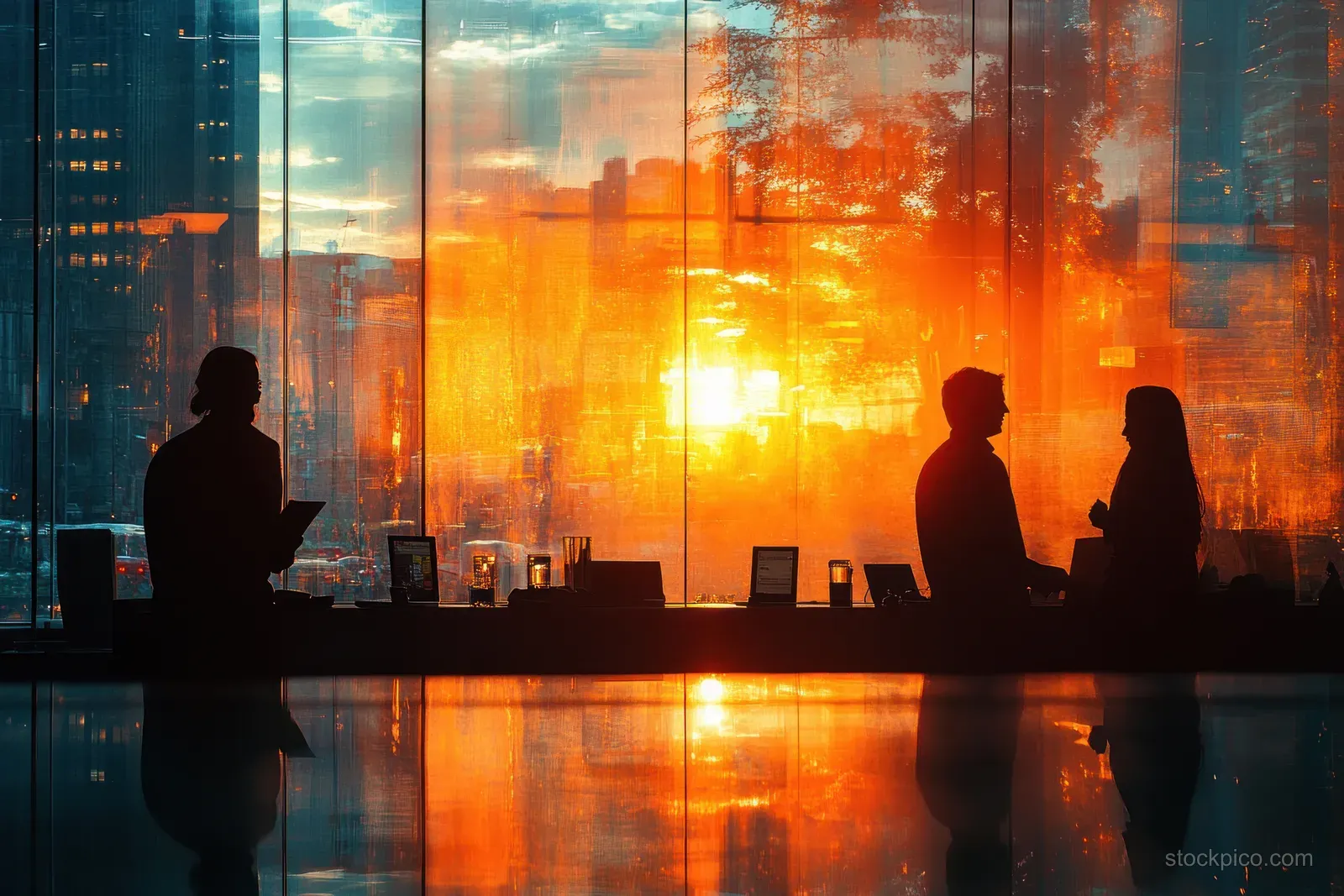 Silhouetted professionals talking in a glass conference lounge at sunset.
