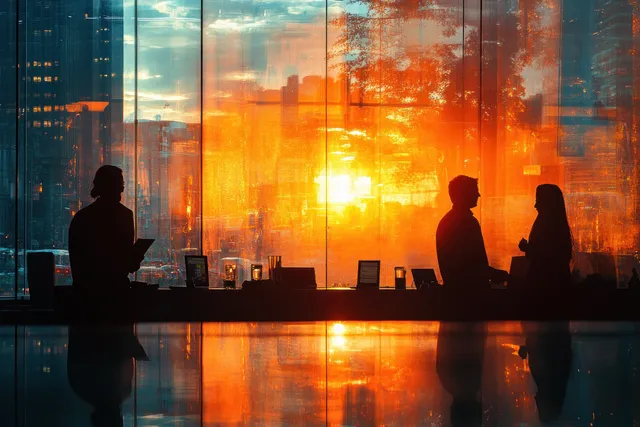 Silhouetted professionals networking in a sunset-lit conference lounge